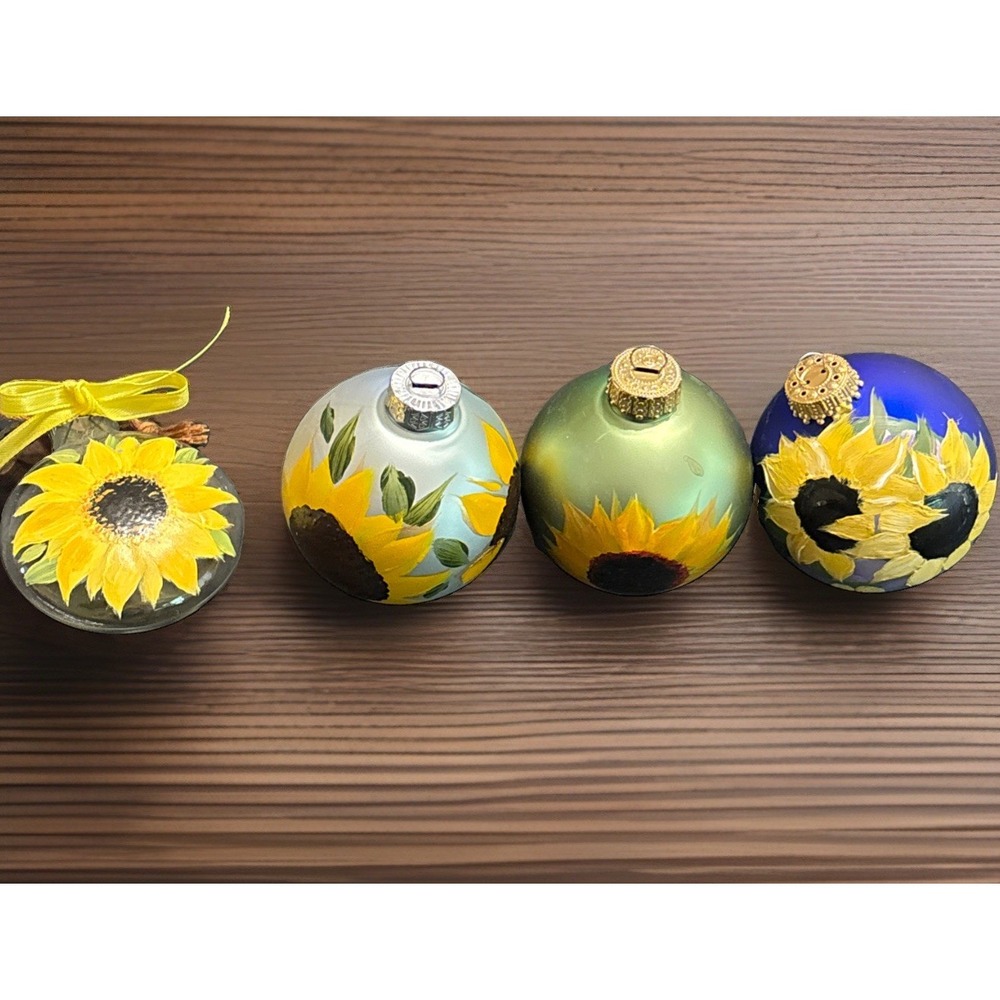 Lot of 4 Hand Painted Sunflower Christmas Ornaments Thanksgiving Holidays